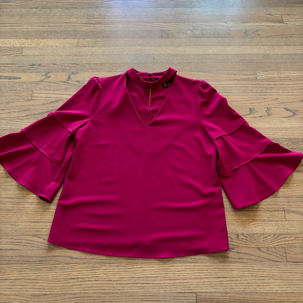 Laundry by Shelli Segal Womens XS Magenta Choker Neck Tiered Bell Sleeve Blouse‎